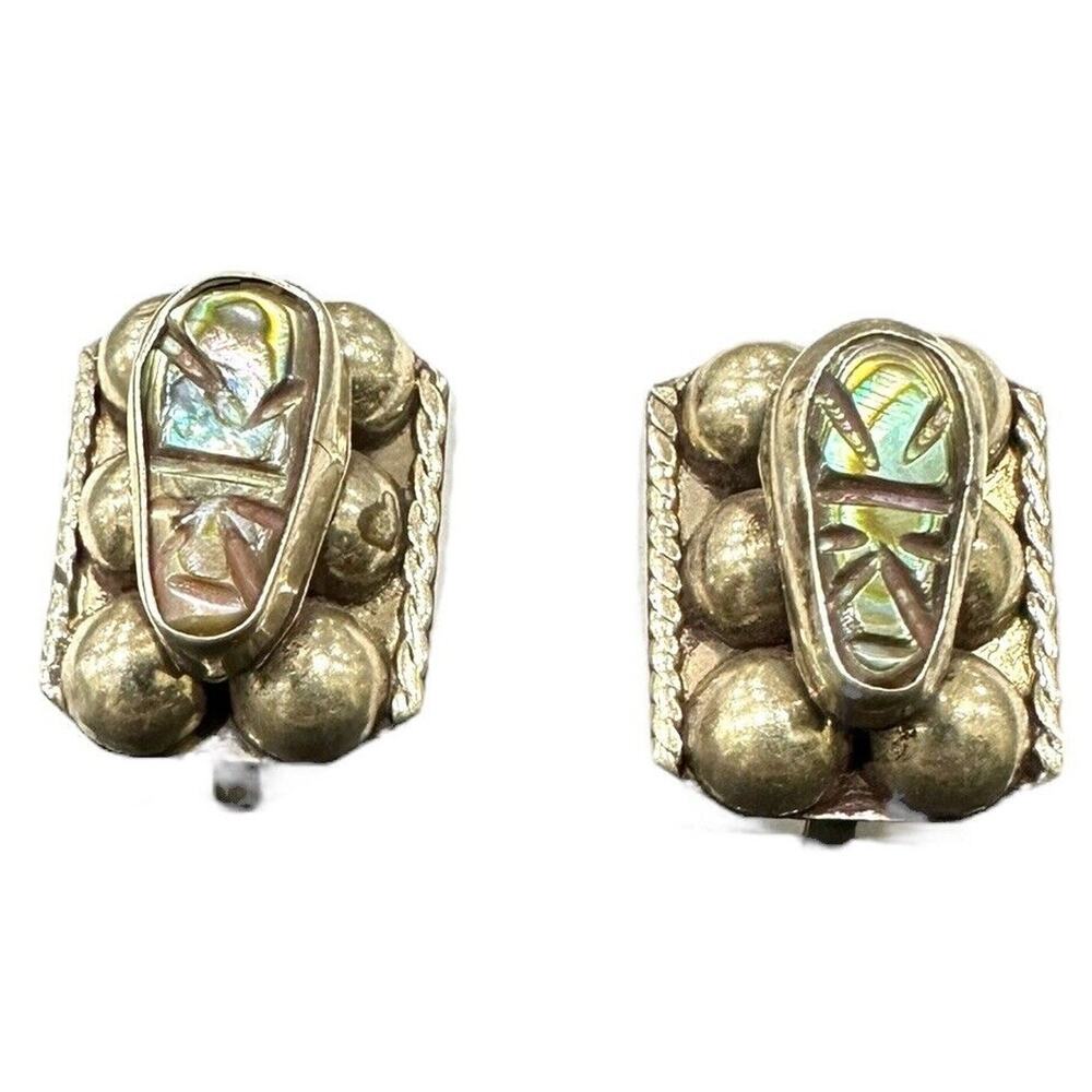 Mexican Modernist Vintage Sterling Silver and‎ Carved Abalone Screw On Earrings